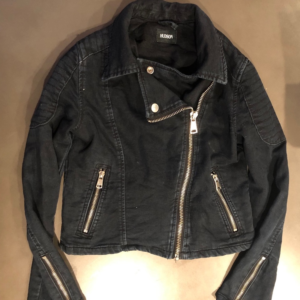 Big girls Hudson black denim moto jacket sz M